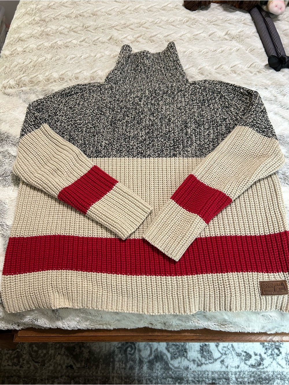 Women’s Roots Canada cabin Turtleneck Sweater - Gray, Cream & Red Sock Monkey md